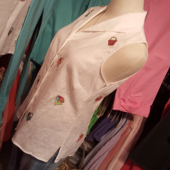 RICHARD MALCOLM ♡ Embroidered|Embellished Sequins Irish Linen Sleeveless Top S - Picture 8 of 12